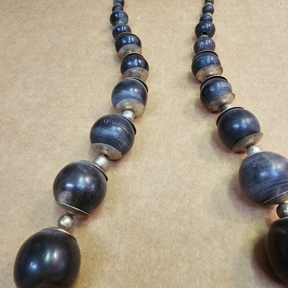 Vintage Chunky Dark Wood & Metal Bead Necklace - Picture 6 of 8